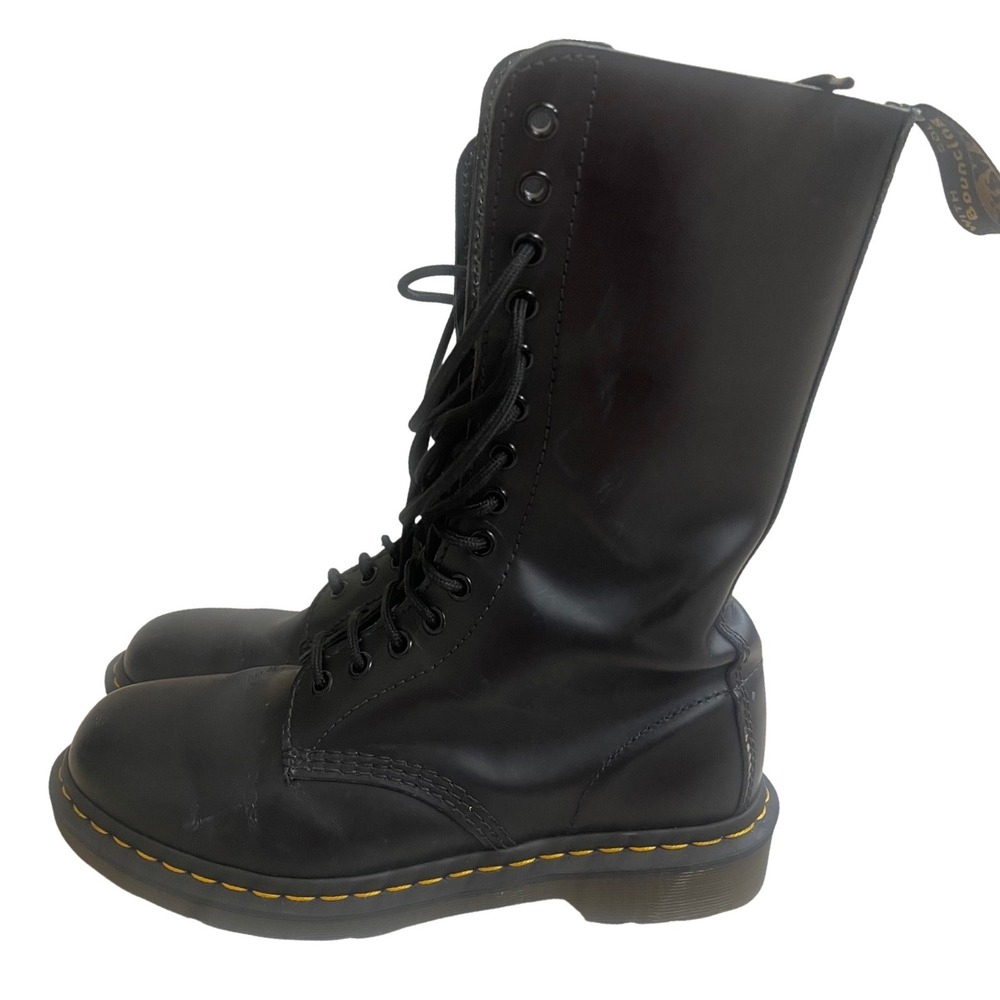 Dr. Martens 1914 Black Smooth Leather 14 Eyelet Tall Lace Up Boots Women8/mens 7